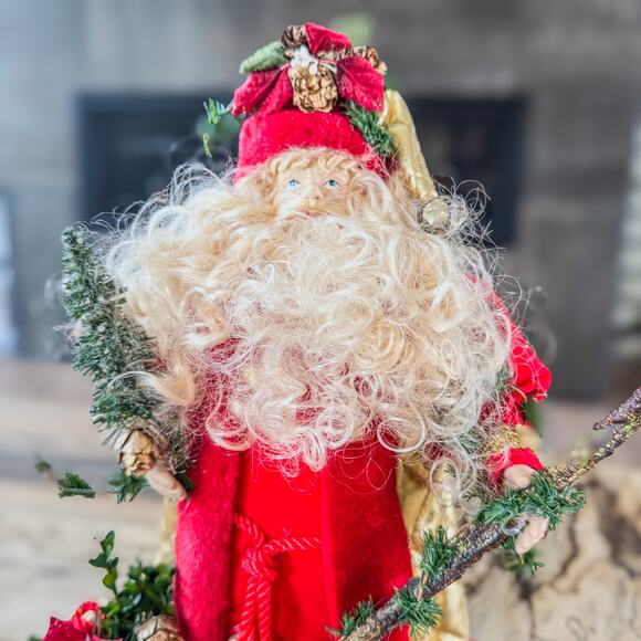 Curly Bearded Santa Claus in Red, Gold & Greenery Tree Top/Table Top Decor, 13”H - Picture 8 of 10